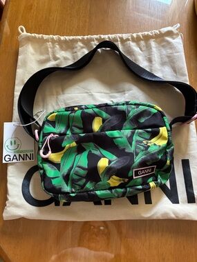 Ganni Black Crossbody Bag with Green Leaf and Yellow Banana Print Adjustable